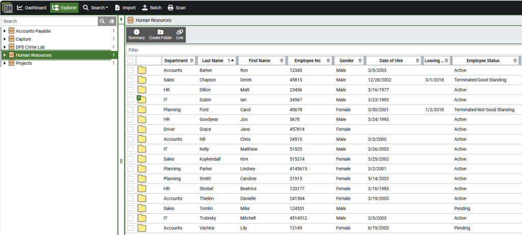 Document Manager software within a folder where all of the files are listed